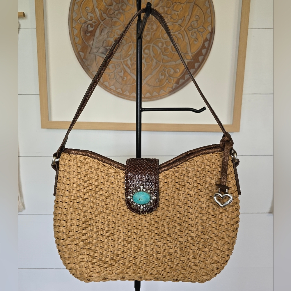 BRIGHTON Summer Woven Handbag with Turquoise Accent